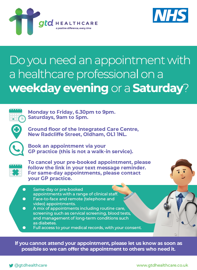 Need a weekend or evening appointment? Use enhanced access. Call the surgery to book.